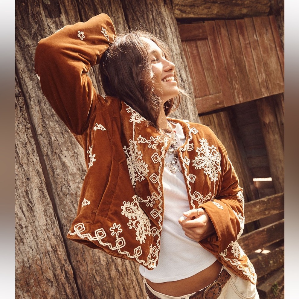 We The Free Rust Velvet Embroidered Jacket with Cream Lace - Picture 4 of 8
